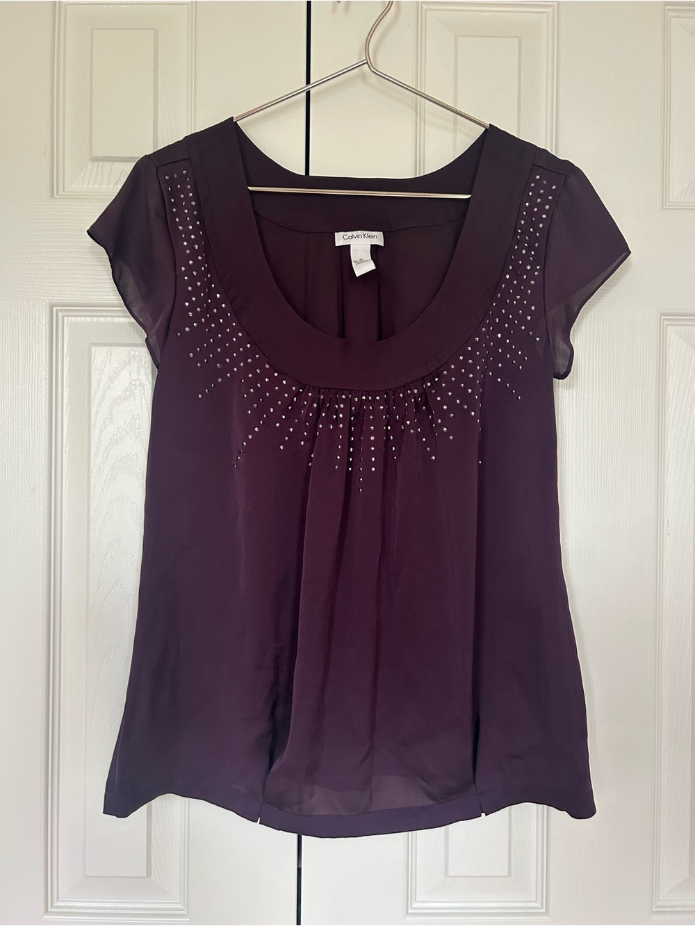 Calvin Klein Sheer Chiffon Rhinestone Blouse - Plum, size S